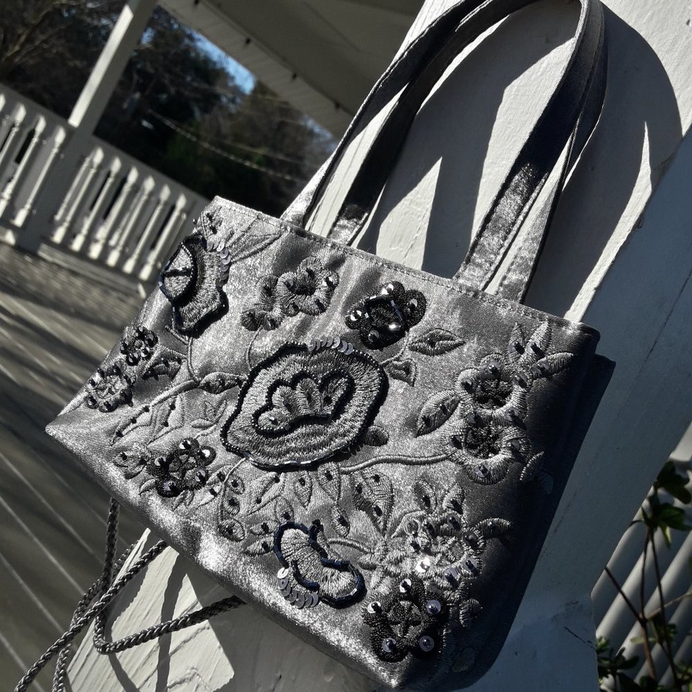 Sequin Purse Beaded Evening Crossbody Bag Grey - Picture 2 of 10